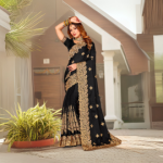 Black Satin Blend Embroidered Saree Party Wear