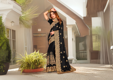 Black Satin Blend Embroidered Saree Party Wear