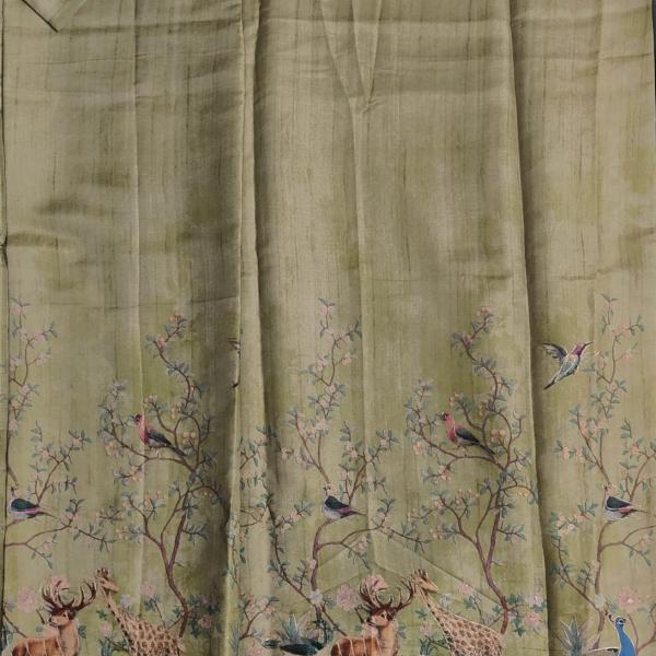 Green Dupion Silk Saree With Printed Animal Theme & Embroidery Work