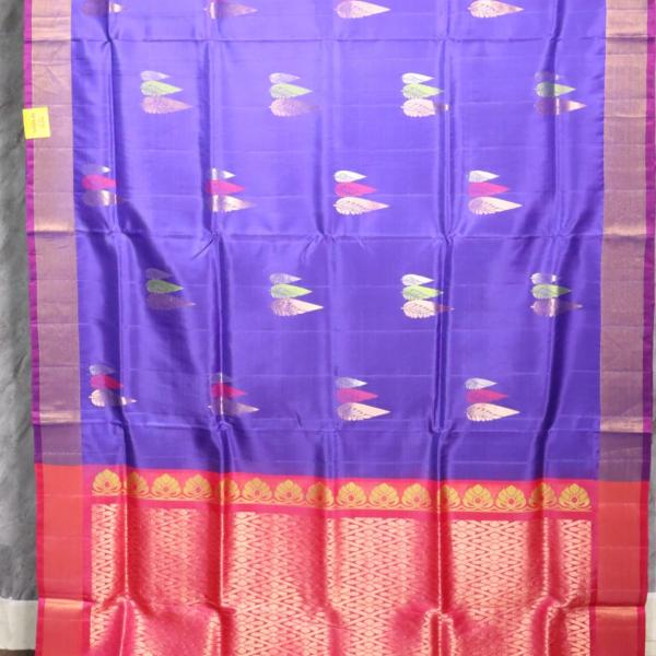 Violet Kanchipuram Silk Saree With Three Shade Leaf Buttis Allover and Plain